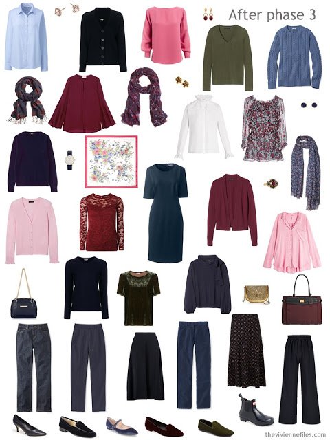 capsule wardrobe based in navy, with light blue, pink, burgundy and green accents