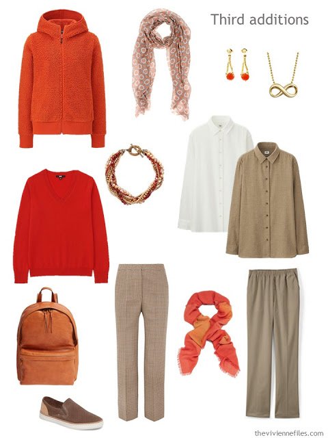 six additions to a work capsule wardrobe in shades of brown, with accents of orange and red