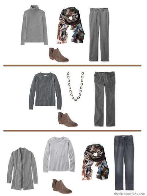 3 ways to accessorize grey clothes with warm-colored accessories