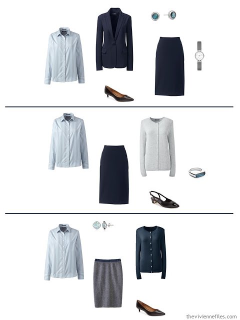 three ways to wear an accent striped shirt in a work capsule wardrobe