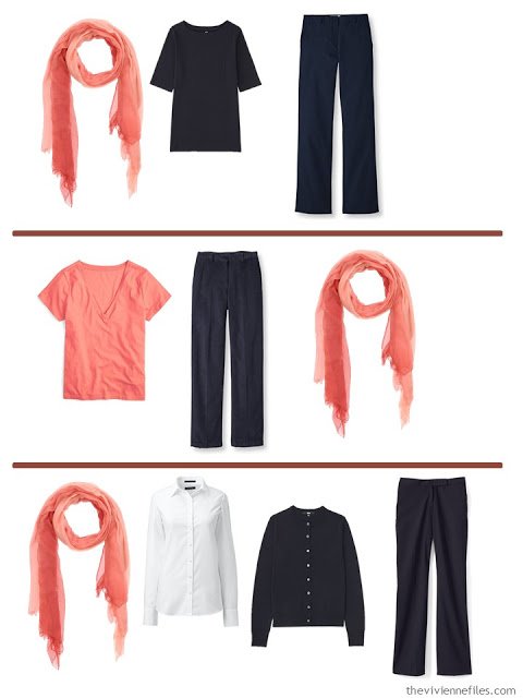 3 ways to wear a coral scarf with A Common Wardrobe in navy and white