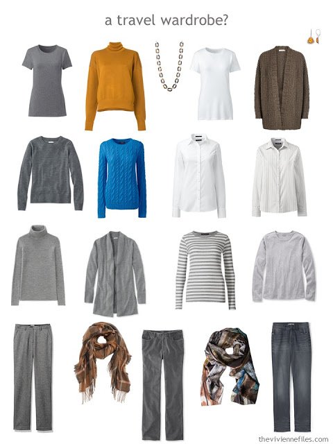 a travel capsule wardrobe in grey with blue, brown and orange accents
