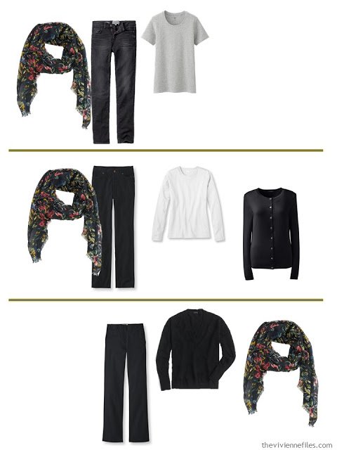 3 ways to wear a dark floral scarf with A Common Wardrobe