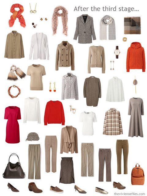 23-piece work capsule wardrobe in shades of brown with accents of red and orange