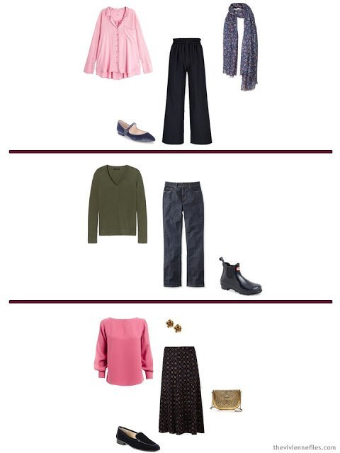 three options from a navy-based capsule wardrobe with accents of rose, burgundy, blue and green