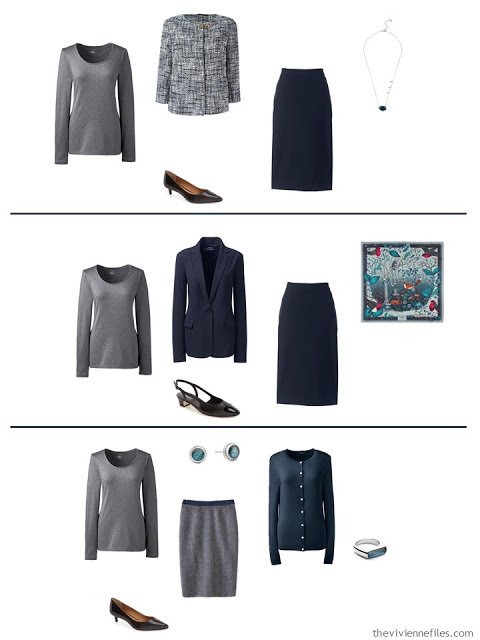 three ways to wear a grey tee shirt in a work capsule wardrobe