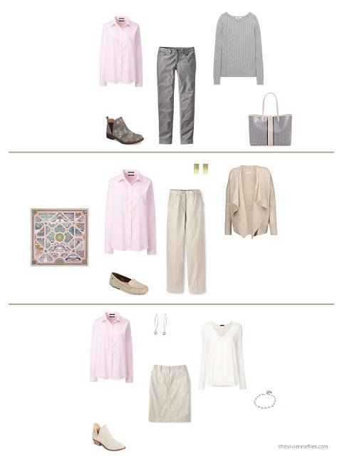 three ways to wear a pink shirt from a capsule wardrobe