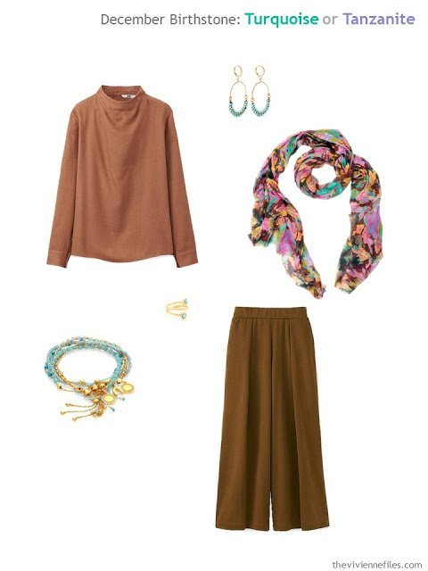a copper brown outfit worn with turquoise jewelry and a printed scarf