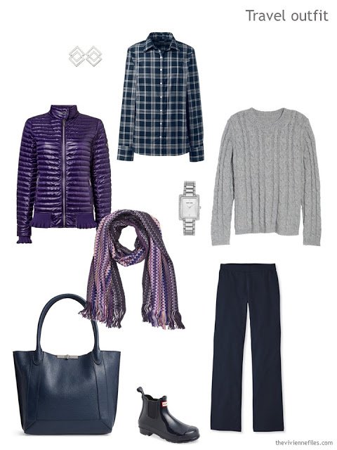 travel outfit for cool weather in navy and grey with a purple coat and scarf