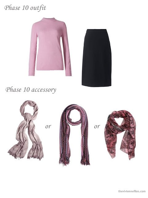 adding a scarf to a 4 by 4 Wardrobe in black, taupe and pink