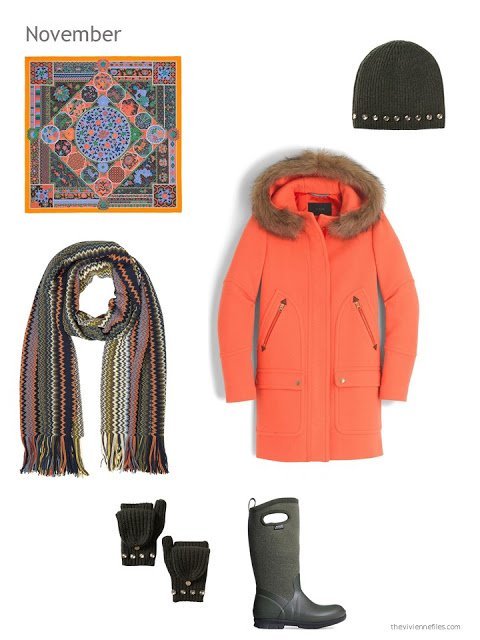 an orange winter coat with olive green accessories