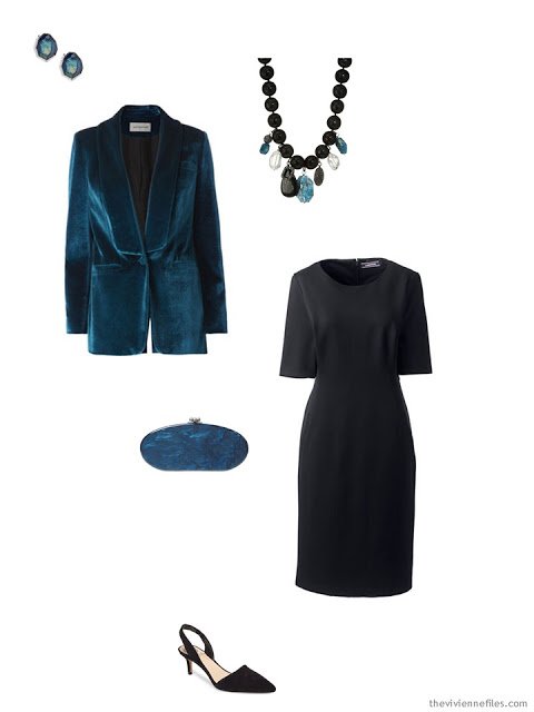 a teal blazer and black dress for the holidays