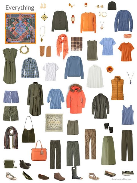 a capsule wardrobe in olive green, orange, and shades of blue
