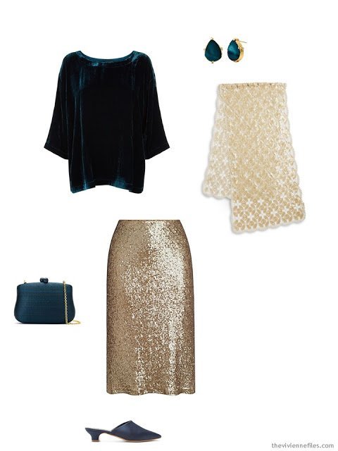 a teal velvet top and gold skirt, for the holidays