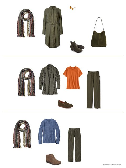 3 outfits with a Missoni scarf and olive garments