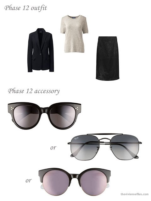 adding sunglasses to a dressy 4 by 4 Wardrobe in black, pink and taupe