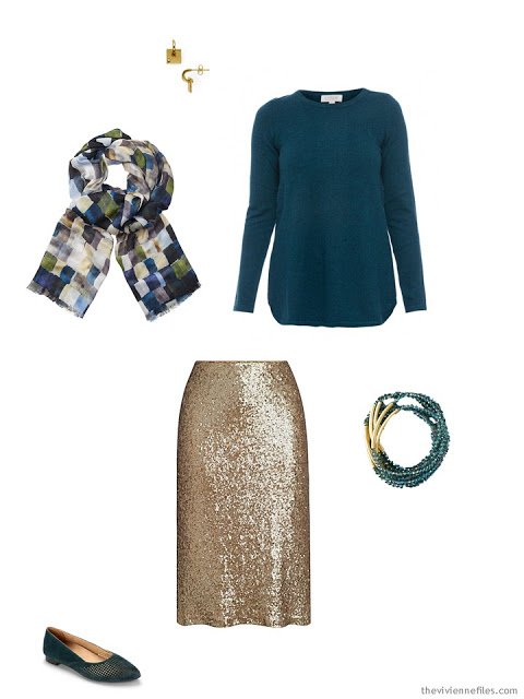 a teal sweater and gold skirt, for the holidays