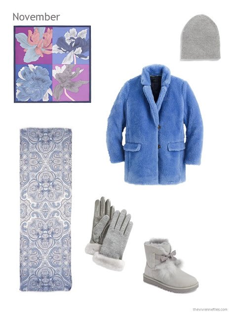 blue fleece winter coat with grey accessories