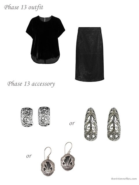 adding floral earrings to a dressy 4 by 4 Wardrobe in black, pink and taupe