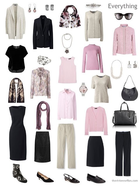 a 16-piece 4 by 4 Wardrobe in black, taupe and pink, with accessories