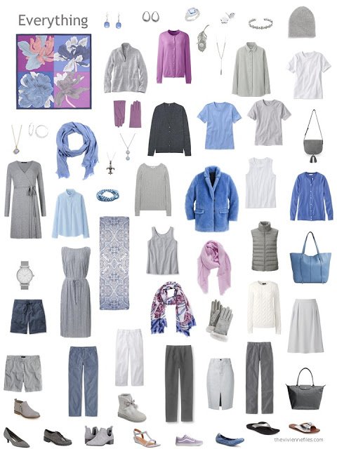 grey capsule wardrobe with accents of blue and orchid