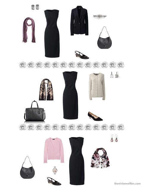 3 ways to wear a black dress from a dressy 4 by 4 Wardrobe in black, taupe and pink