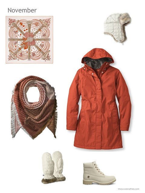 an orange winter coat with ivory accents