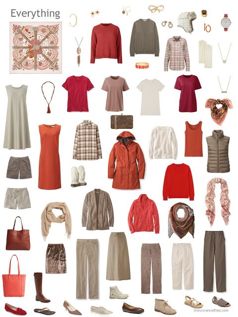 capsule wardrobe in shdes of beige and brown with red and orange accents