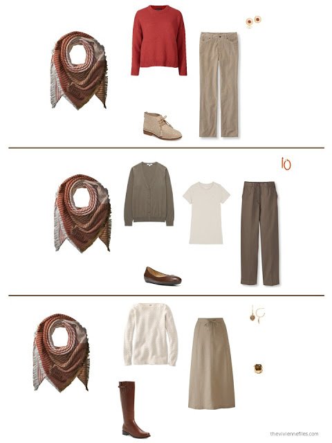 3 outfits built around a brown, beige and orange scarf