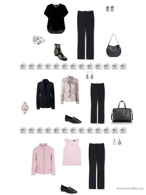 3 ways to wear black pants from a dressy 4 by 4 Wardrobe in black, taupe and pink