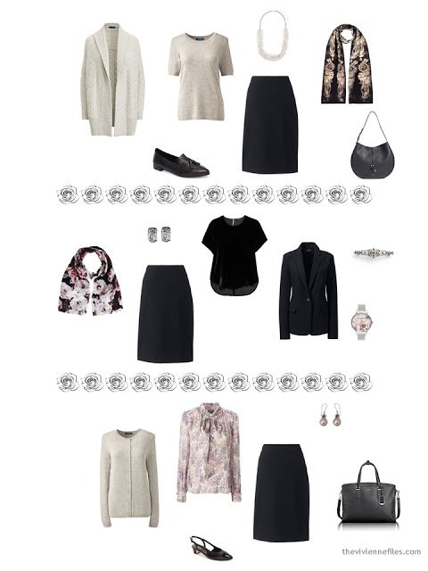 3 ways to wear a black skirt from a dressy 4 by 4 Wardrobe in black, taupe and pink