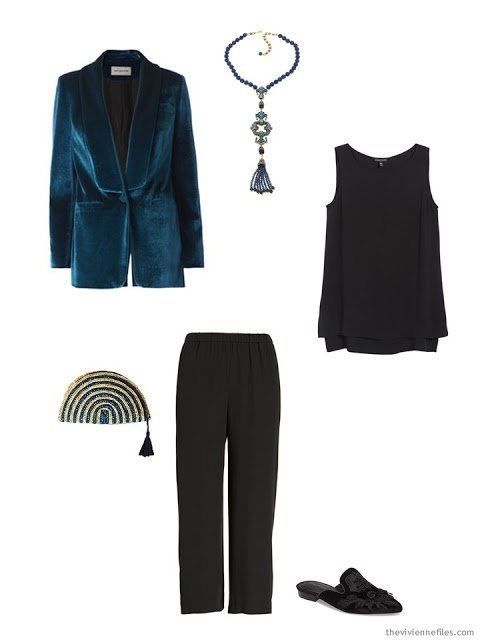 a teal blazer and black silk top and pants for the holidays