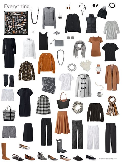 capsule wardrobe in black, grey and white with rust accents