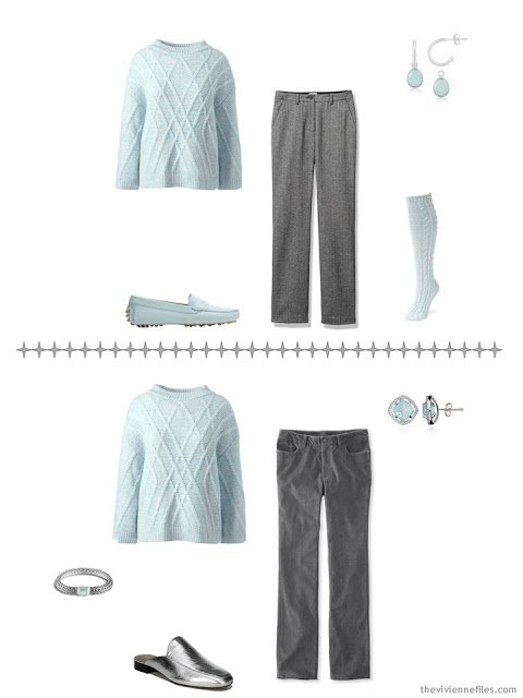 two ways to wear a mint green cabled sweater with A Common Wardrobe