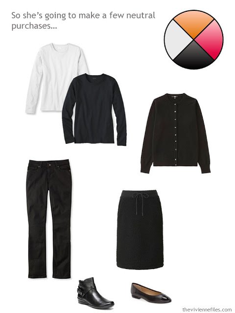 5-piece neutral wardrobe in black and white with 2 pairs of black shoes