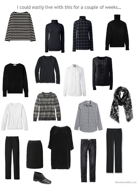 a 16-piece travel wardrobe in black and white