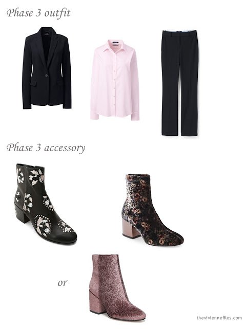 adding floral boots to a 4 by 4 dressy wardrobe in black, taupe and pink