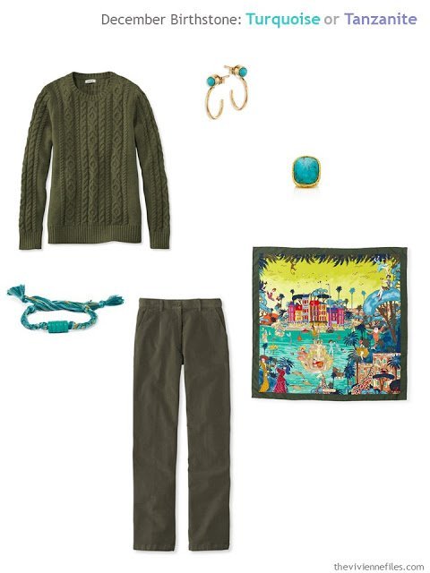 an olive outfit worn with turquoise jewelry and a printed silk scarf