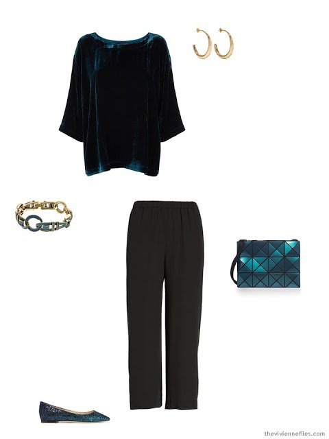 a teal velvet top and black silk pants, for the holidays