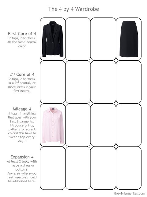 A black and pink interview outfit in the 4 by 4 Wardrobe Template