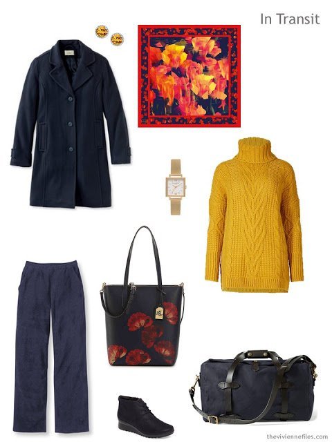 travel outfit in navy and gold with the Red Tulip Scarf from KathKath