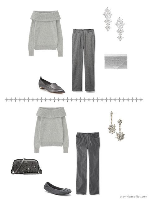 two ways to wear a grey off-the-shoulder sweater with A Common Wardrobe