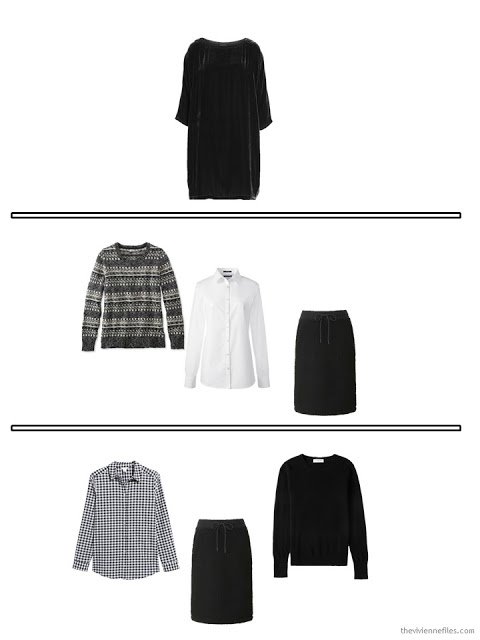 3 outfits from a travel capsule wardrobe in black and white