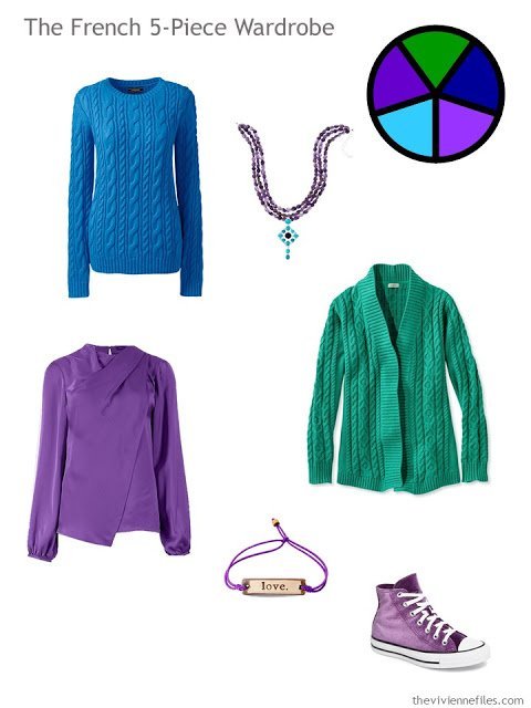 A French 5-Piece wardrobe in bright blue, bright green, and ultraviolet