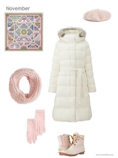 a cream down winter coat with pink accessories