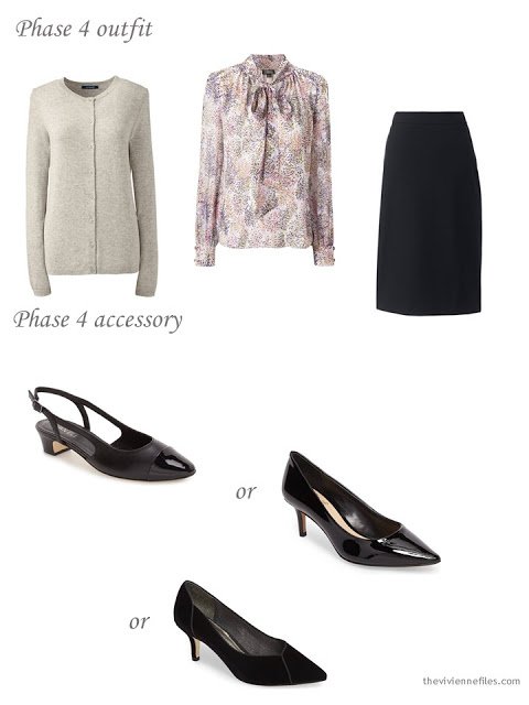 adding black pumps to a 4 by 4 Wardrobe in black, taupe and pink