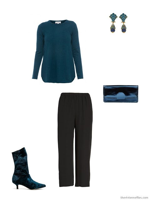 a teal sweater and black silk pants, for the holidays