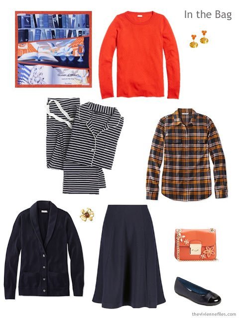 overnight travel capsule wardrobe in navy and orange