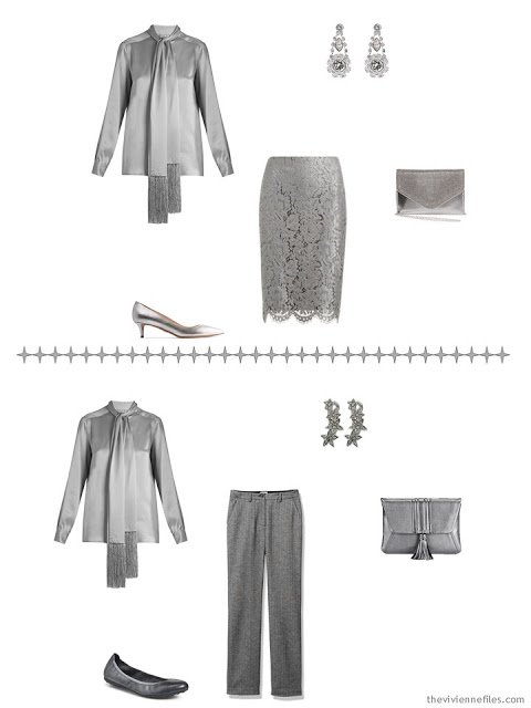 two ways to wear a grey satin blouse with A Common Wardrobe