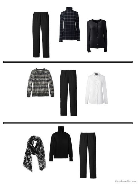 3 outfits from a travel capsule wardrobe in black and white